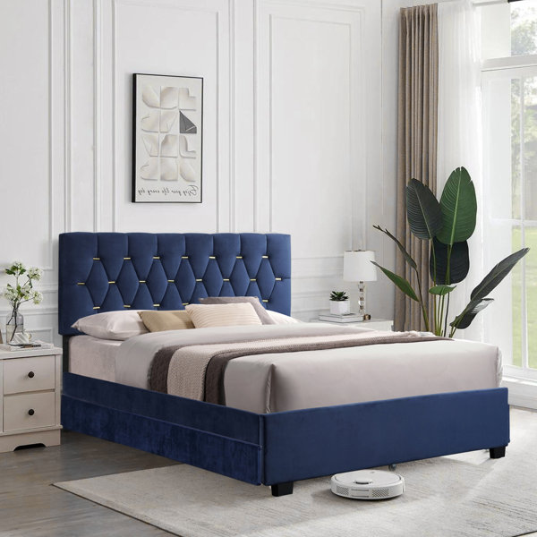 Mercer41 Upholstered Velvet Queen Bed Frame with Drawer and a Pullout